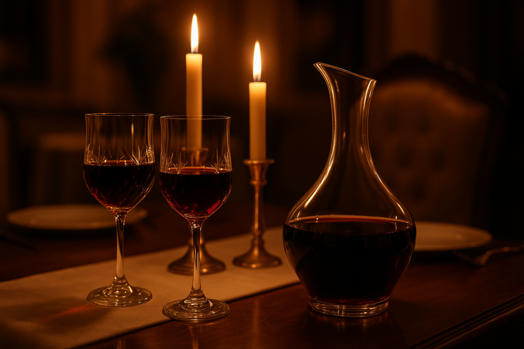 Taças cristal e decantador com vinho tinto em jantar romântico