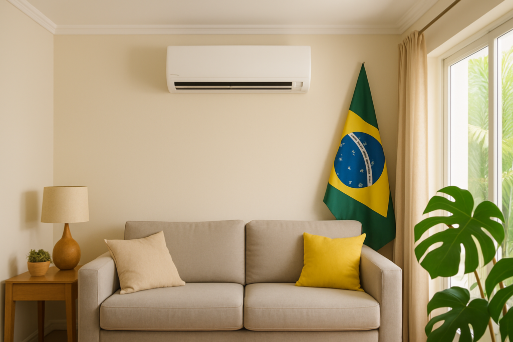 Ar-condicionado split branco instalado na parede de uma sala clara e arejada