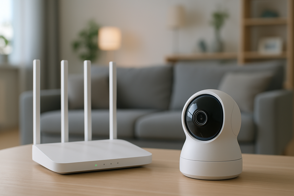 Roteador Wi-Fi doméstico e câmera de segurança em uma sala de estar moderna, representando segurança digital