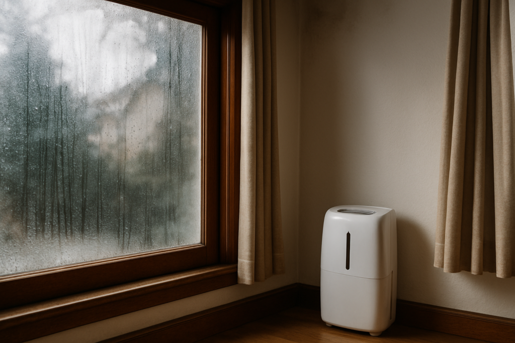 Janela com condensação em casa úmida no inverno, com manchas de umidade na parede ao fundo