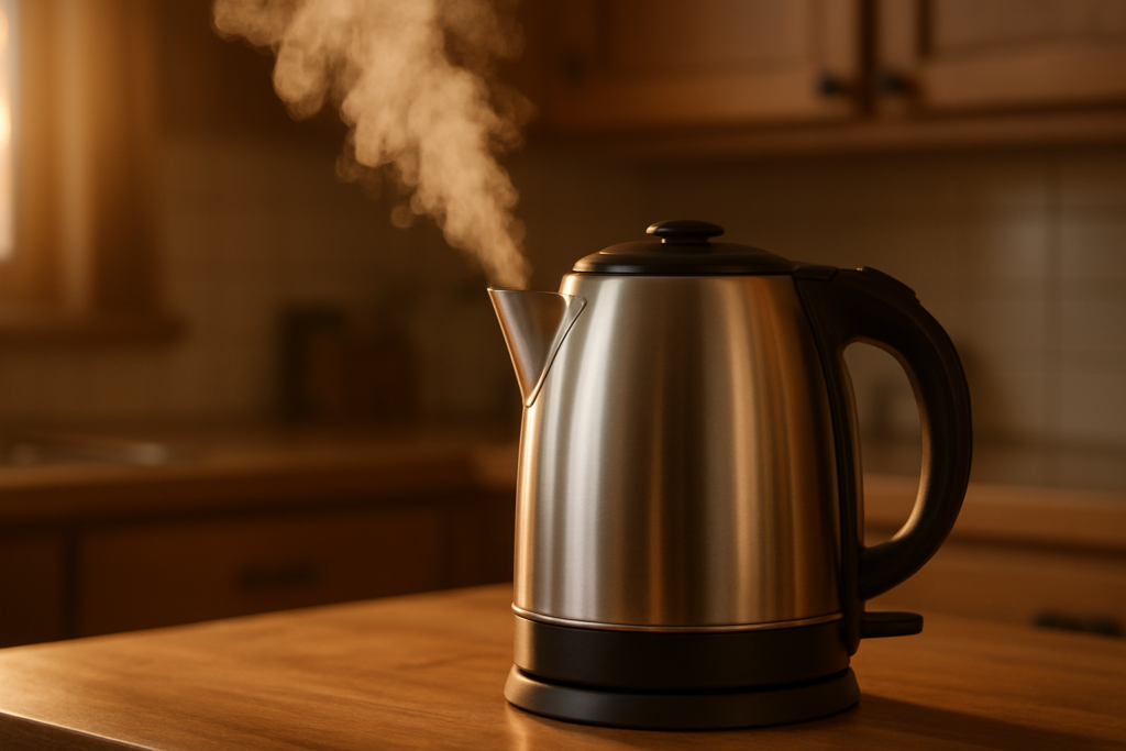 Chaleira elétrica de inox sobre a bancada da cozinha soltando vapor
