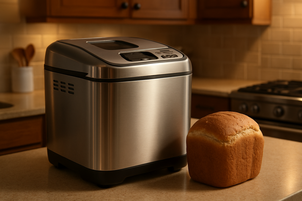 Máquina de fazer pão sobre a bancada da cozinha com um pão fresco ao lado