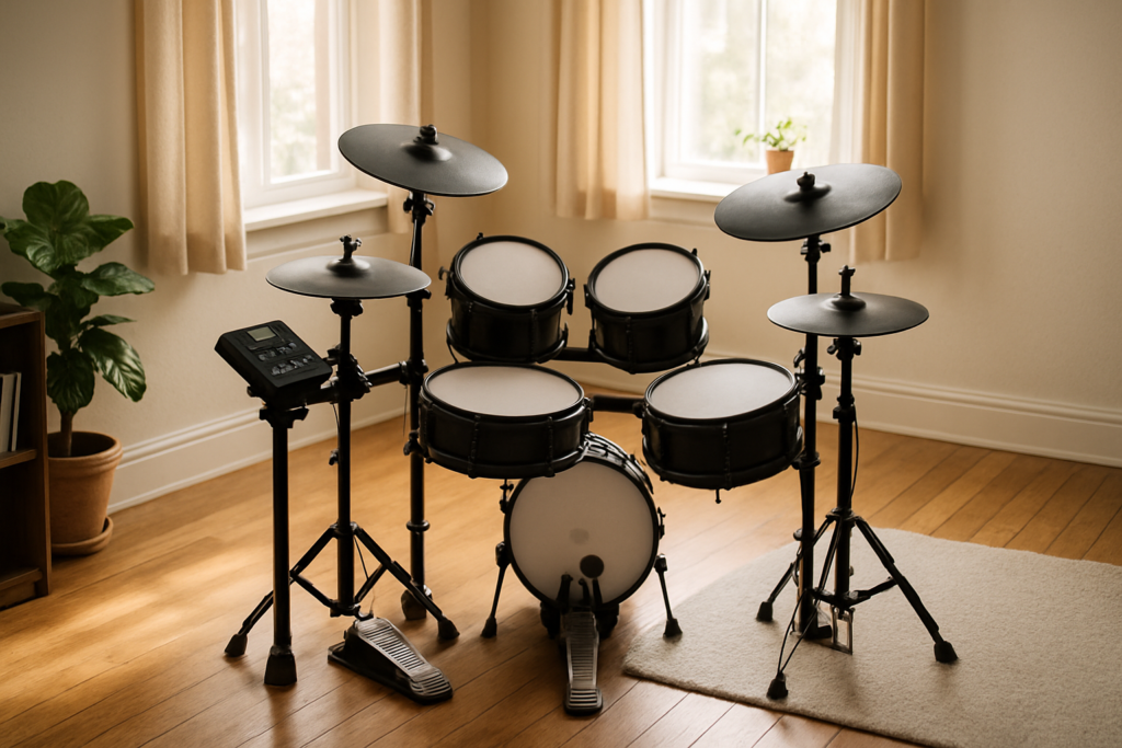 Kit de bateria eletrônica montado em um quarto de casa com luz natural