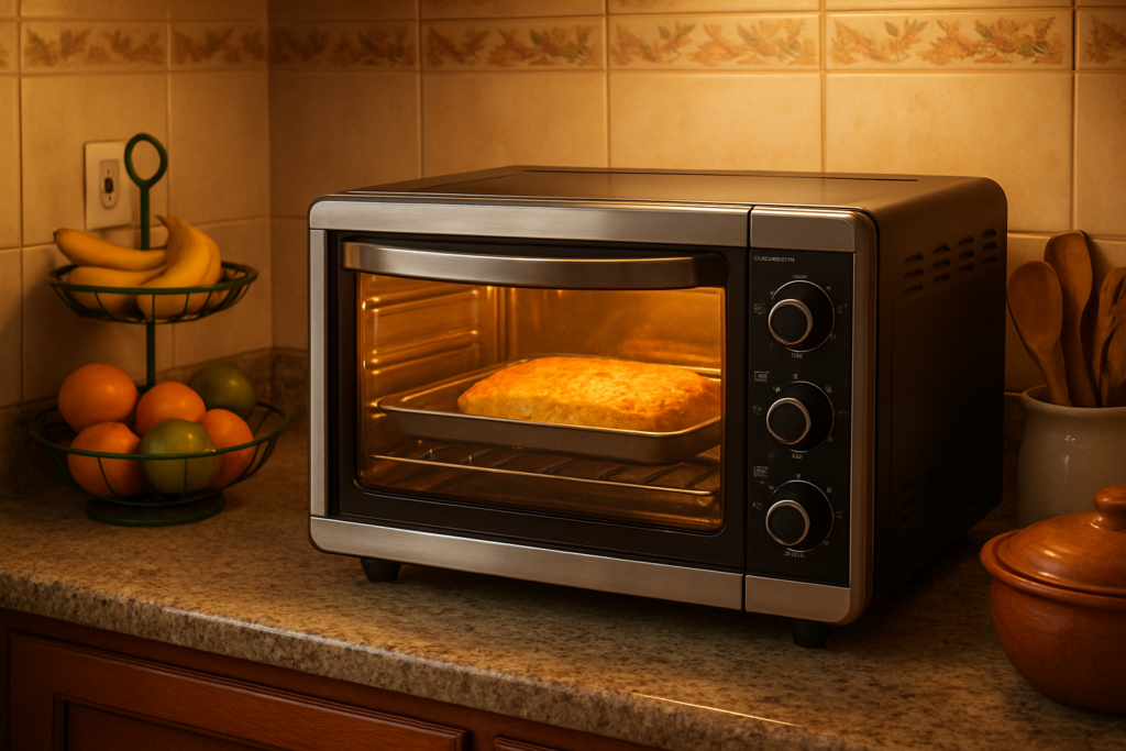 Forno elétrico de bancada em aço inox sobre a bancada de uma cozinha, com pão dourando no interior iluminado