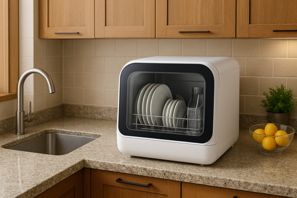 Lava-louças compacta de bancada instalada em uma cozinha moderna brasileira