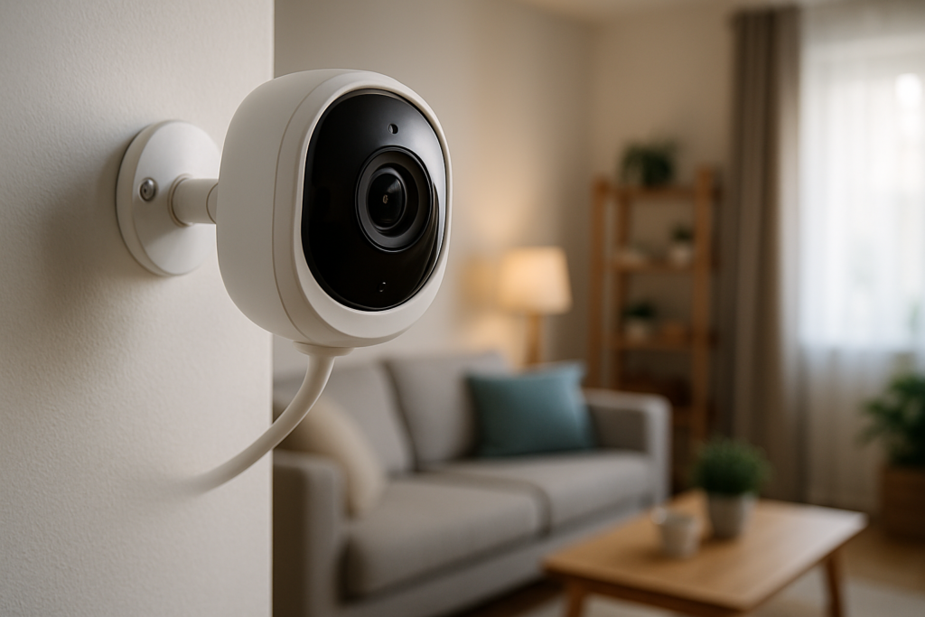 Câmera de segurança Wi-Fi branca instalada dentro de casa monitorando a sala de estar
