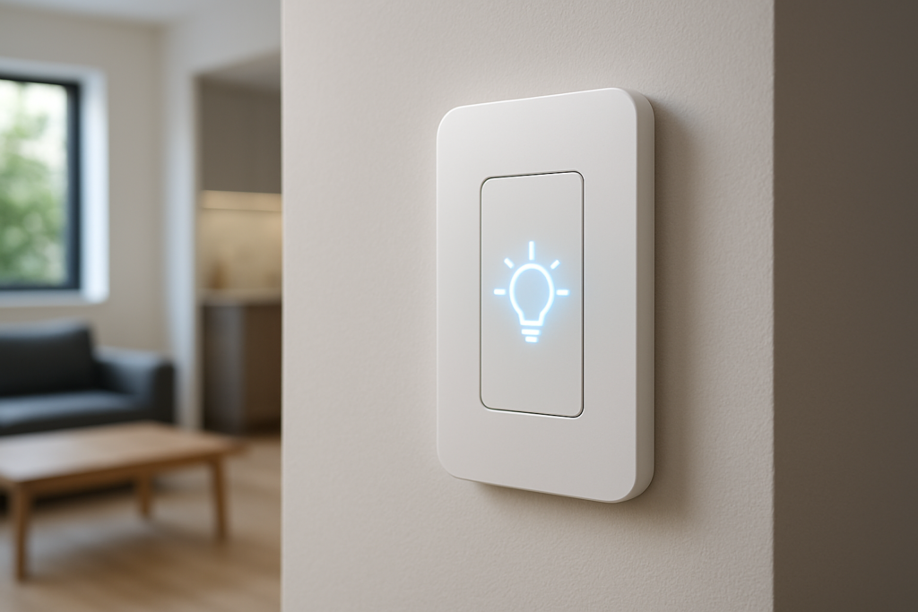 Interruptor inteligente touch branco instalado na parede de uma sala contemporânea