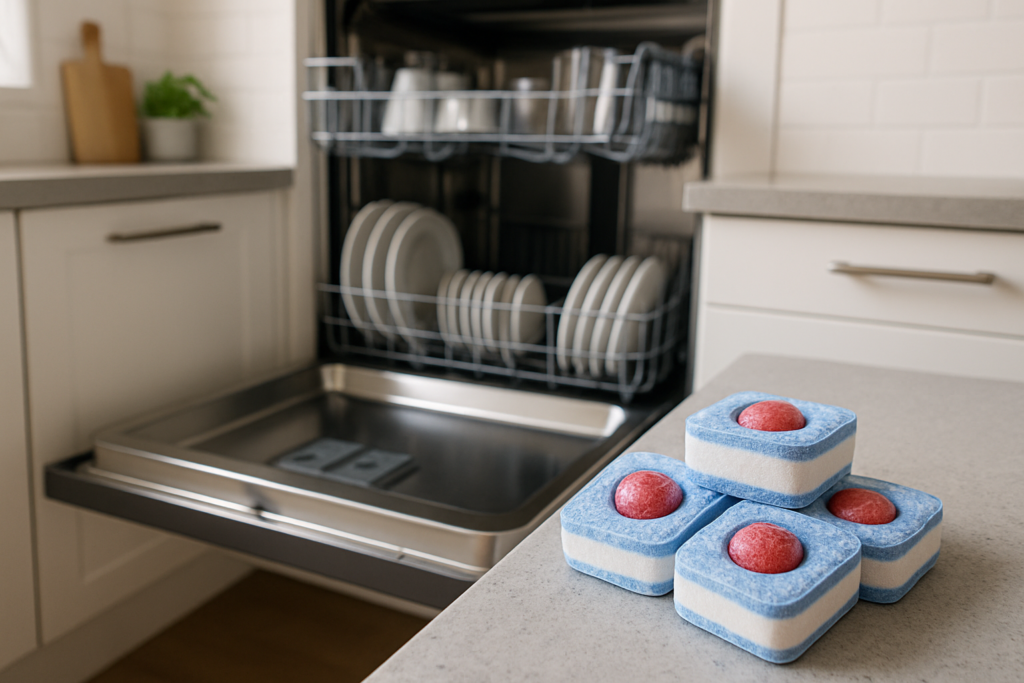 Tabletes de detergente para lava-louças ao lado de uma máquina aberta em cozinha limpa