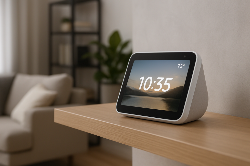 Caixa de som inteligente com tela pequena sobre uma estante em uma sala moderna