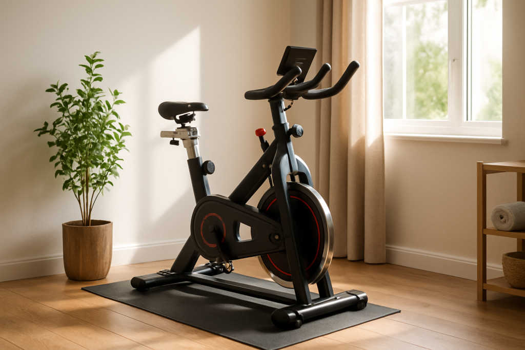 Bicicleta ergométrica de spinning Odin Fit PACE3000 posicionada em um cantinho de treino em casa