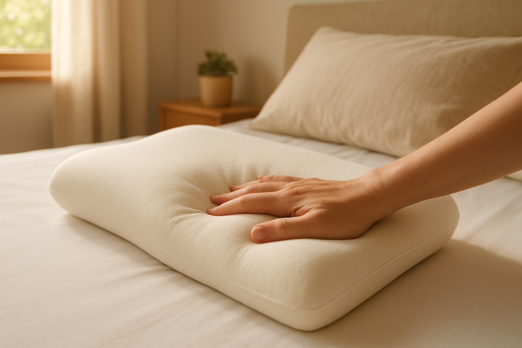Travesseiro de memória o que é — mão pressionando espuma viscoelástica sobre cama com roupa branca