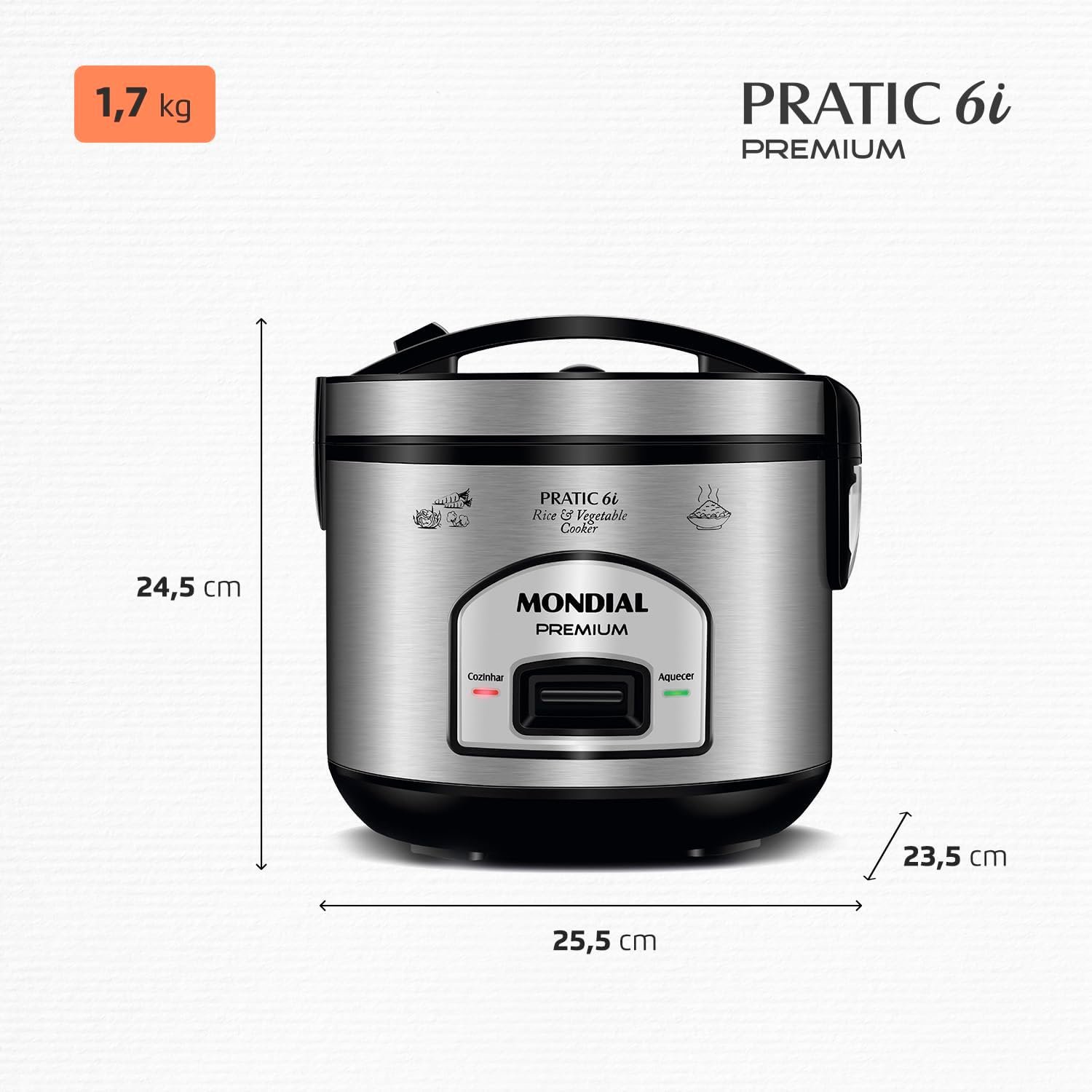 Panela de Arroz Elétrica Mondial PE-43-6X 6 xícaras preto e inox