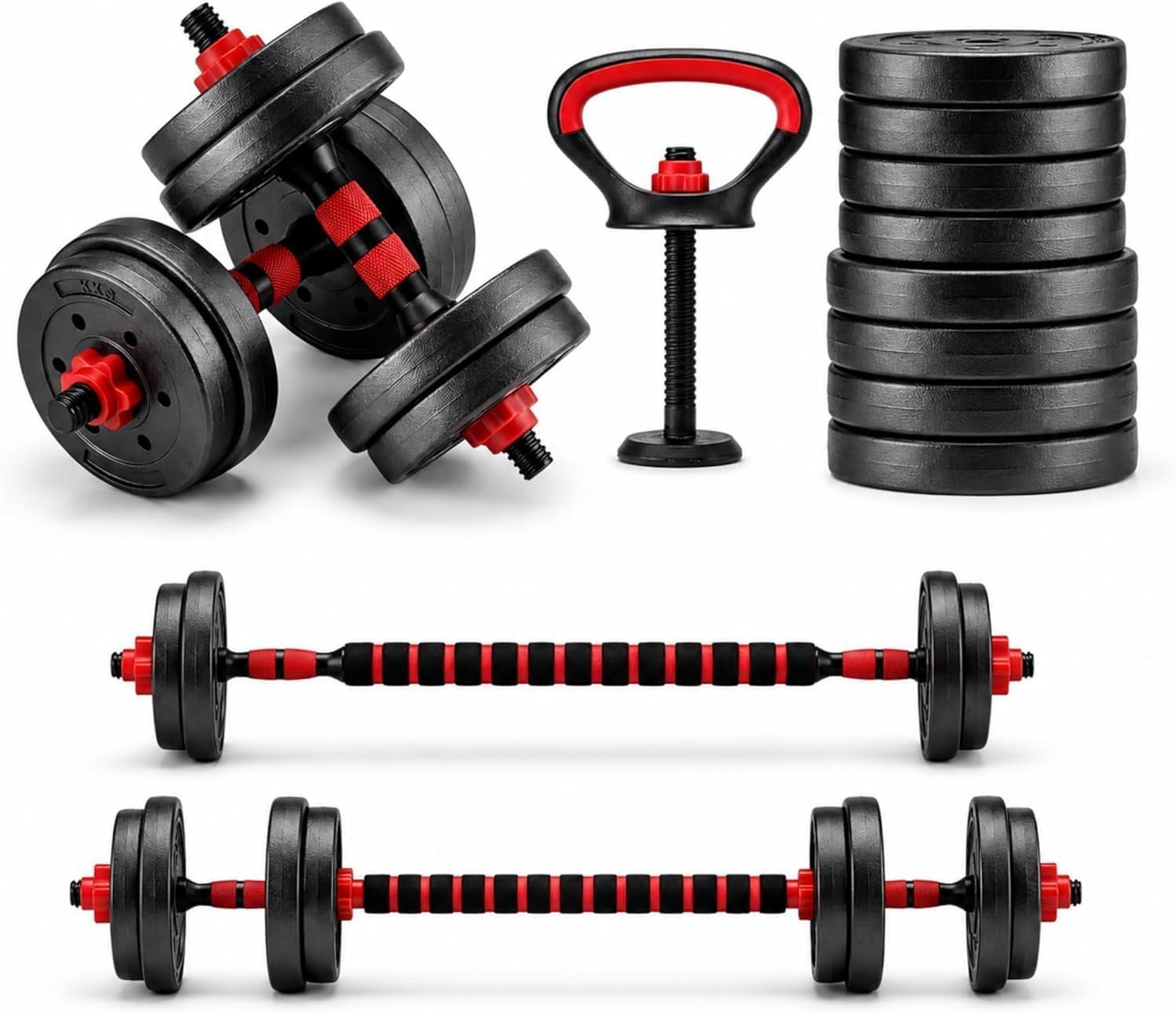 Kit halteres ajustáveis 6 em 1 até 10 kg com barra, kettlebell e apoio para flexão