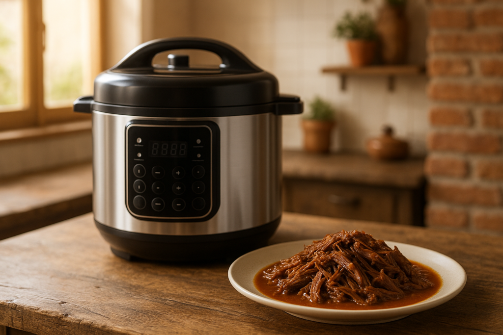 Panela de pressao eletrica com carne desfiada
