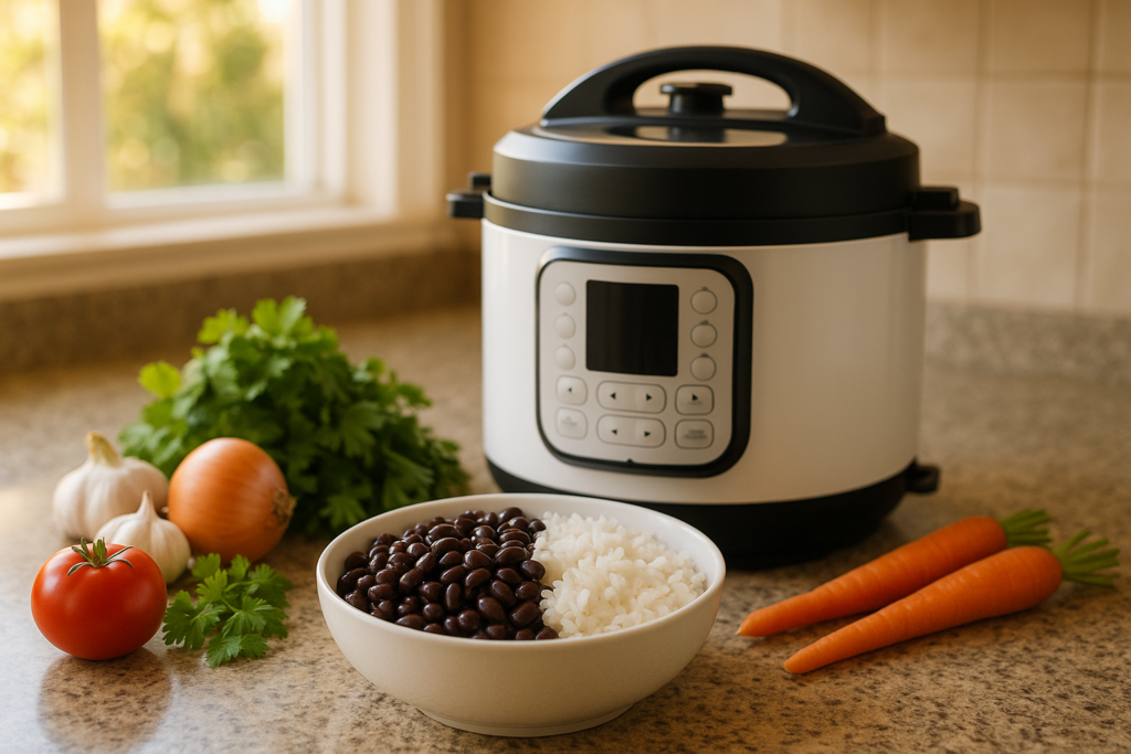 Panela de pressao eletrica com feijao e arroz