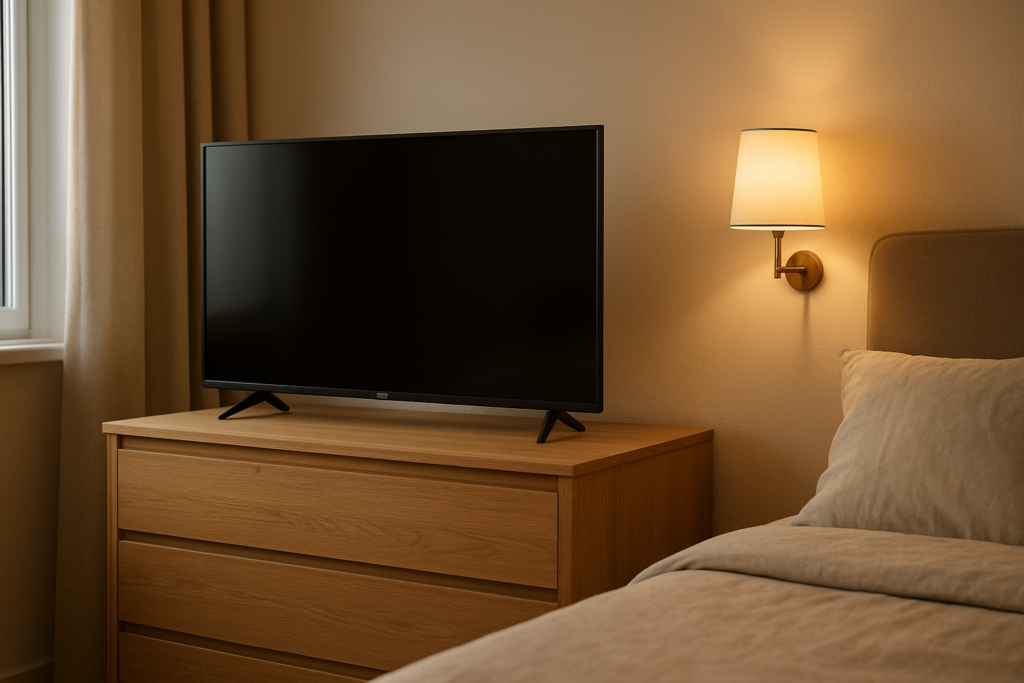 Smart TV em cima da comoda no quarto