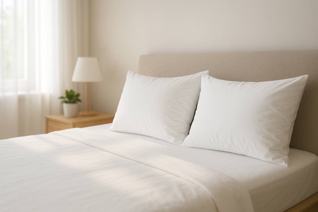 Travesseiros antialergicos em cama arrumada