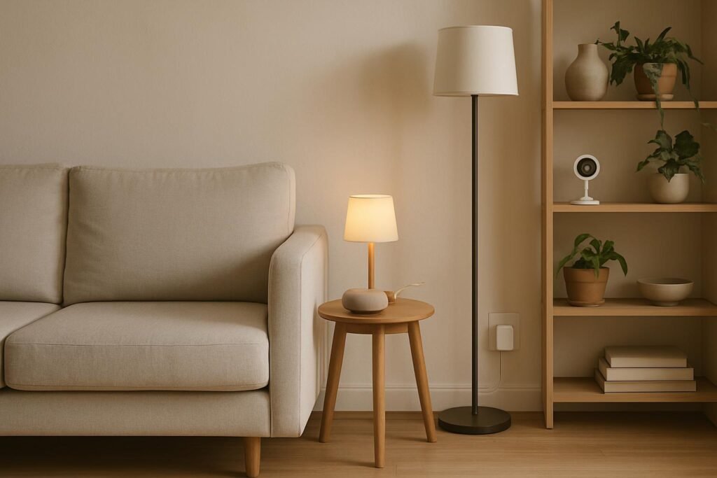 Sala de apartamento com objetos de casa inteligente discretos: caixinha de som redonda, lâmpada acesa e tomada inteligente
