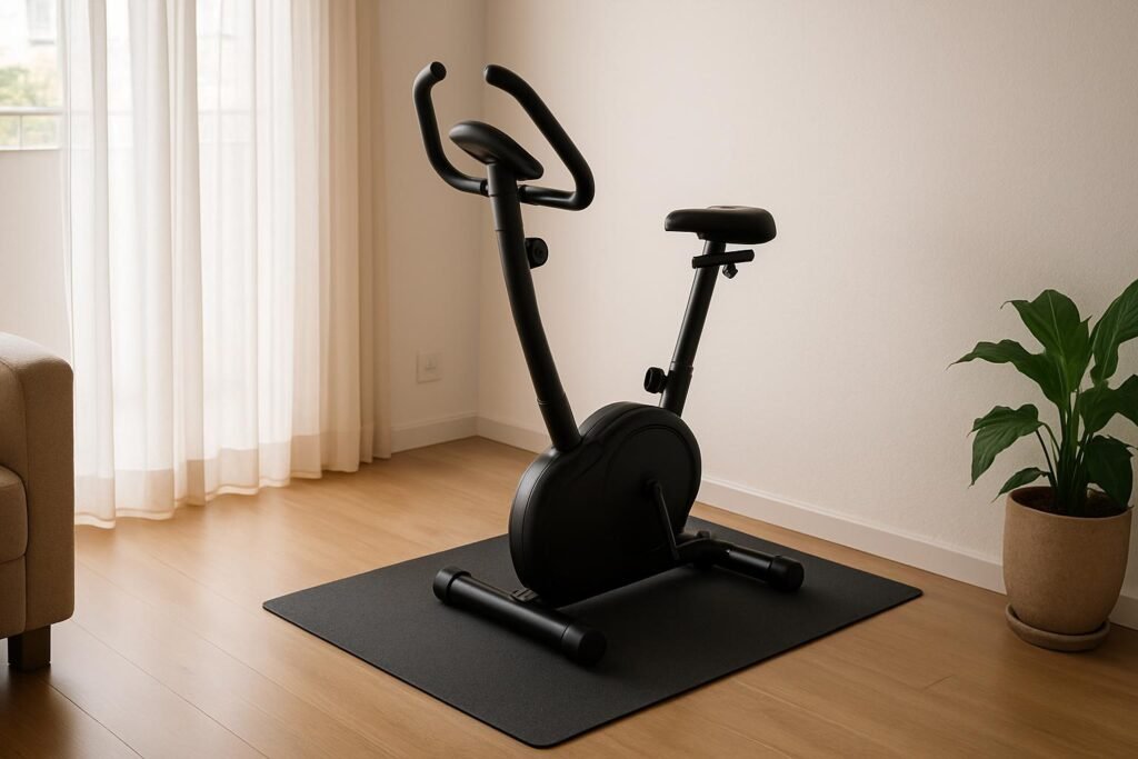 Melhores bicicletas ergométricas para apartamento: bicicleta vertical compacta sobre tapete de borracha no canto da sala