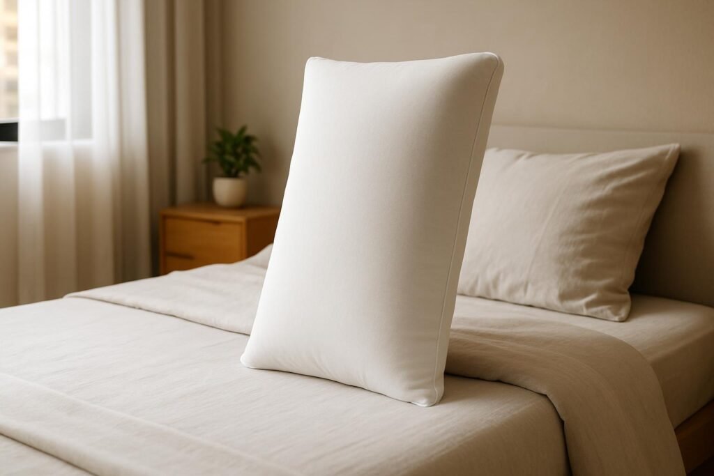 Travesseiro duoflex para dormir de lado, modelo alto de látex branco sobre cama de casal com luz natural