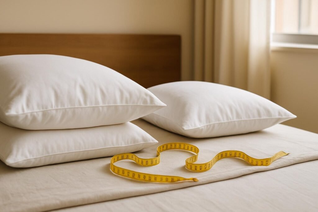 Travesseiro alto ou baixo: dois travesseiros de alturas diferentes e uma fita métrica sobre a cama
